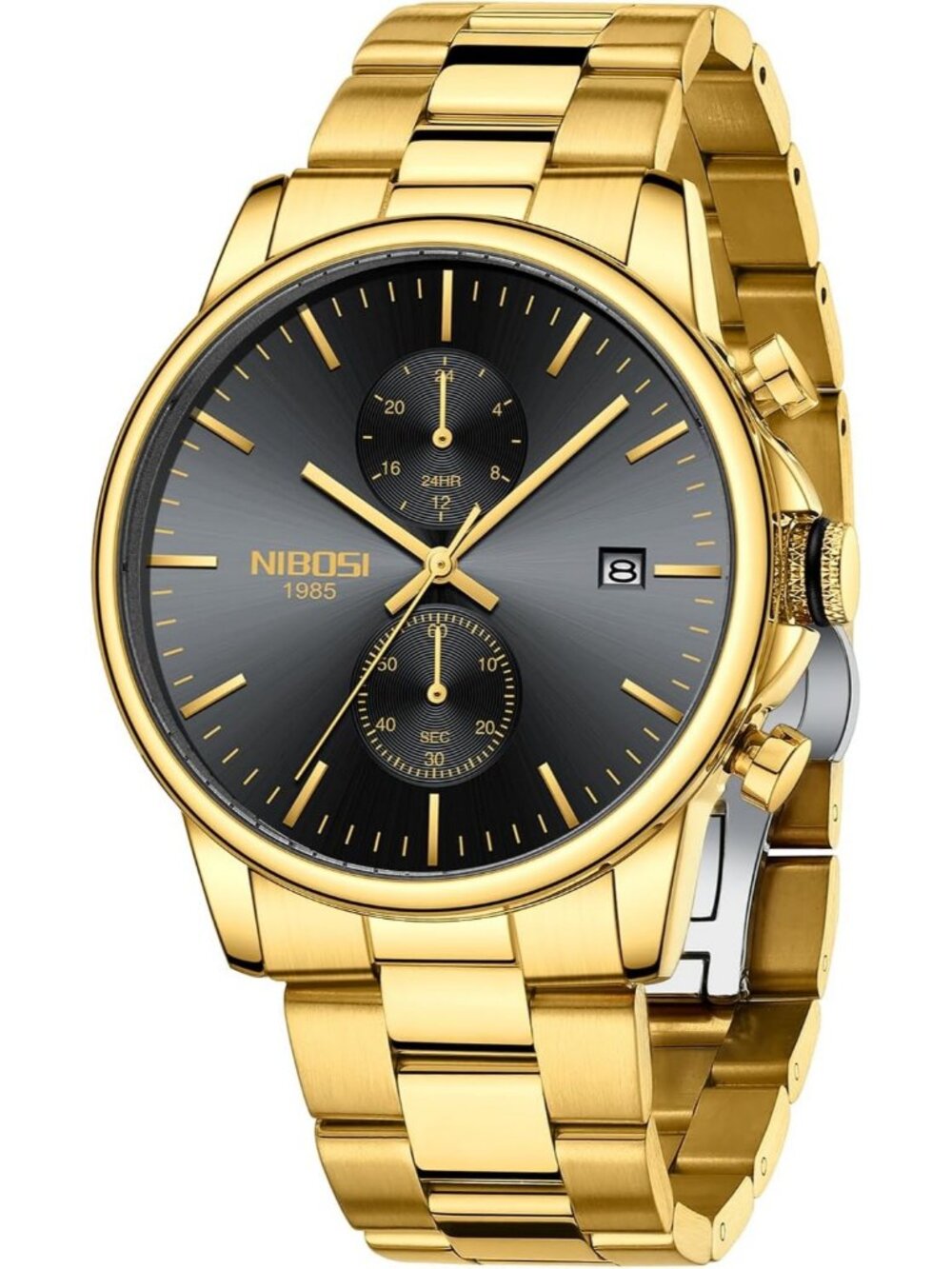 Men's Gold Stainless Steel Quartz Waterproof Day Date Casual Dress Wrist Watch